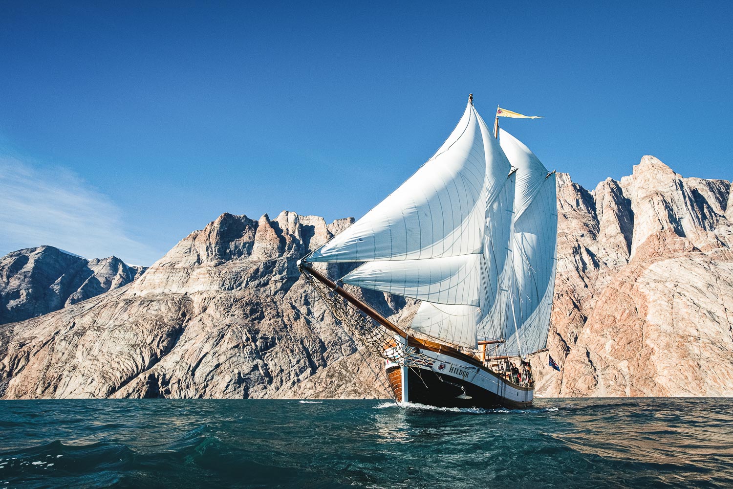Schooner Hildur sailing in East Greenland