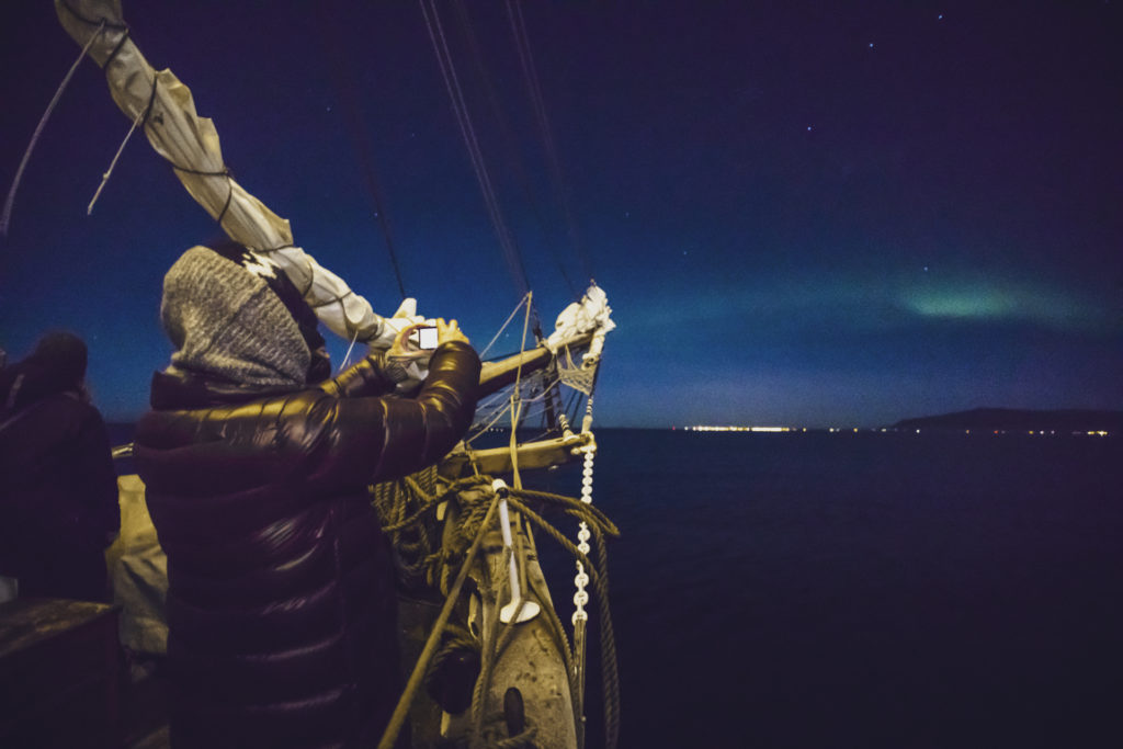Admiring the northern lights on board Opal in Reykjavik