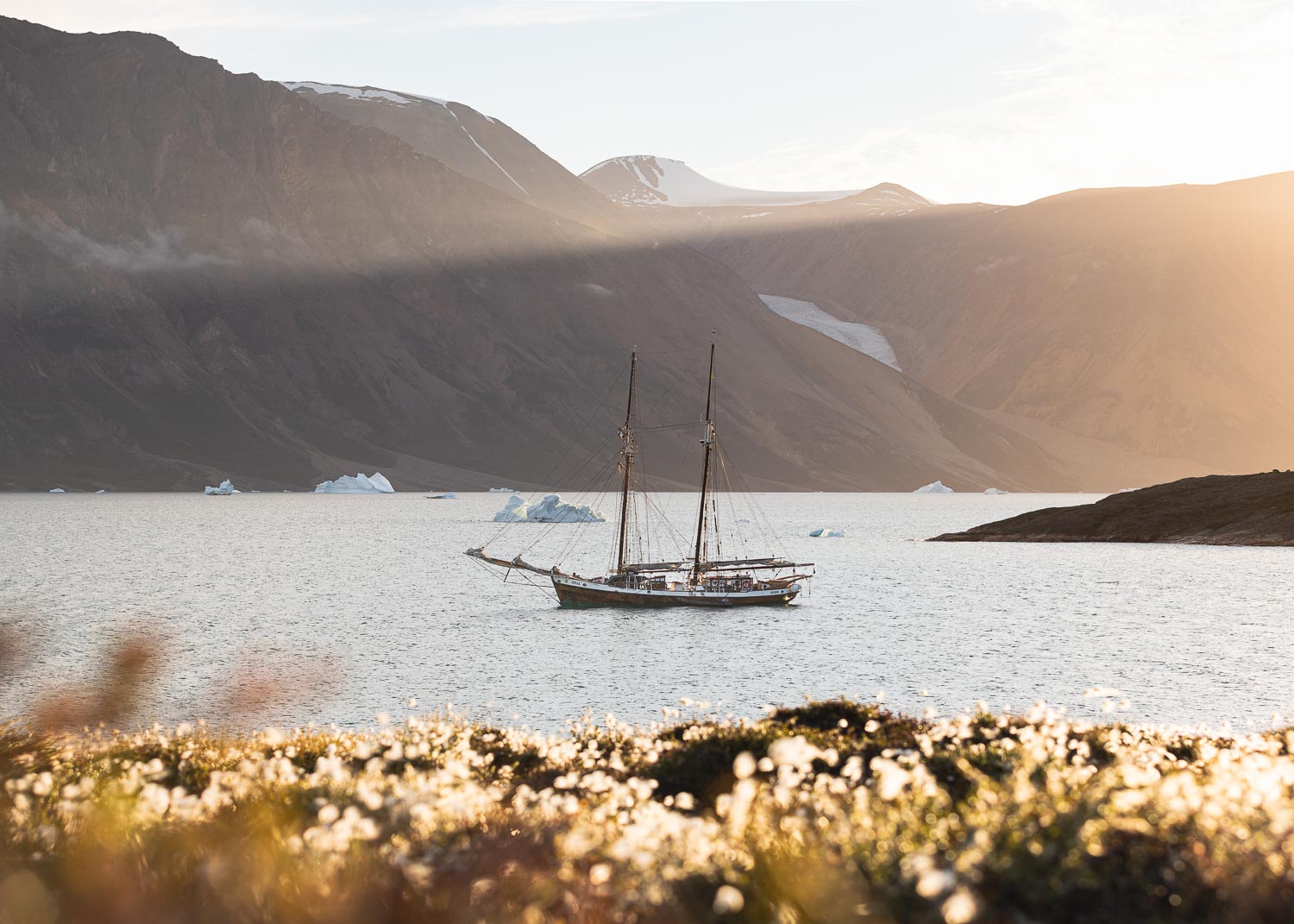 Schooner Opal during golden sunset in East Greenland.